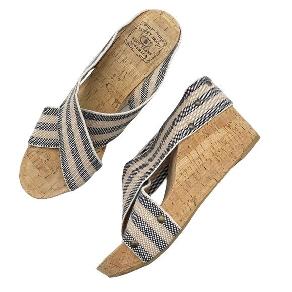 Lucky Brand Miller II Cross Strap Cork Wedge Blue Cream Stripe Women’s Size 9.5 - Picture 1 of 16